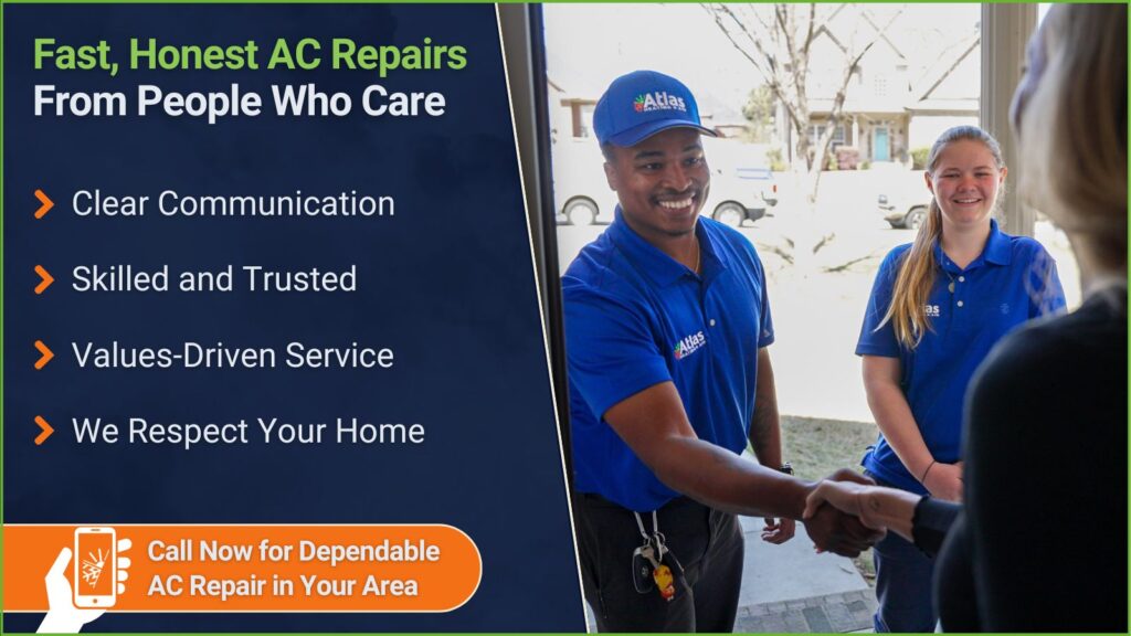 This is an image of two Atlas HVAC employees shaking the hand of a homeowner. The headline reads fast, honest repairs from people who care.