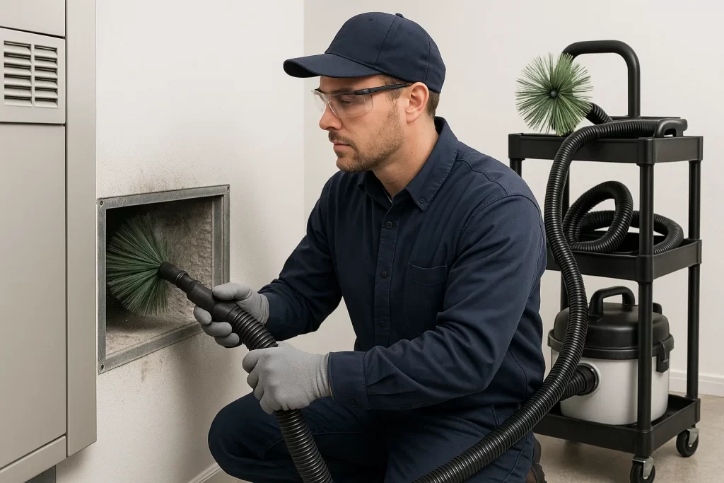 Technician vacuuming dust from inside duct to improve air quality