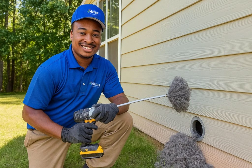 Dryer vent cleaning professional uses rotary brush outside Georgia home