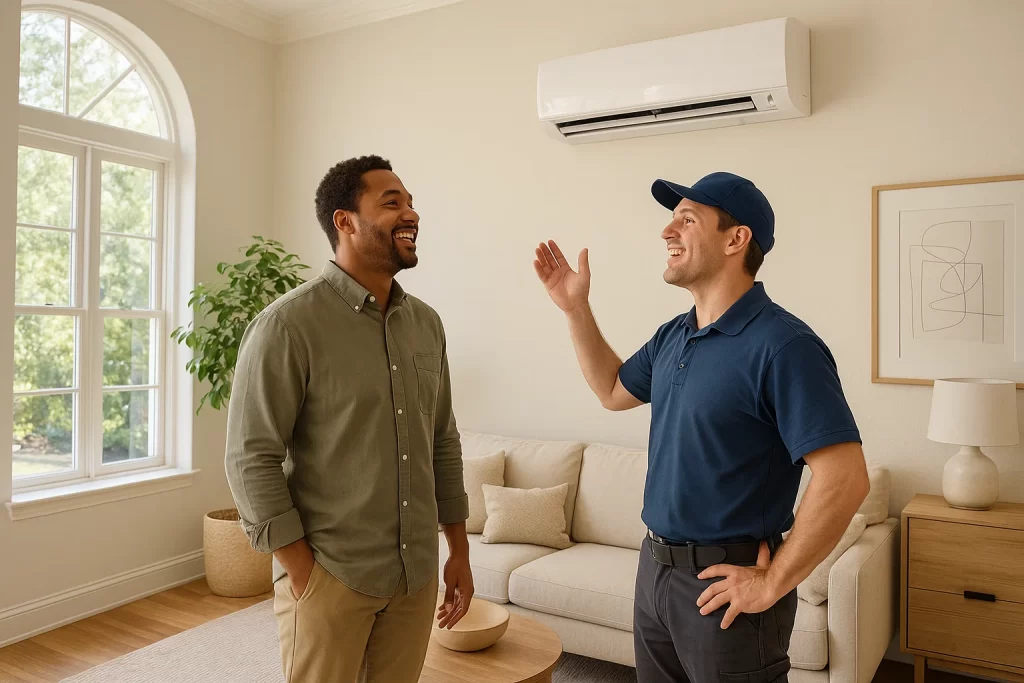 Homeowner and technician reviewing high-efficiency HVAC system and thermostat upgrade
