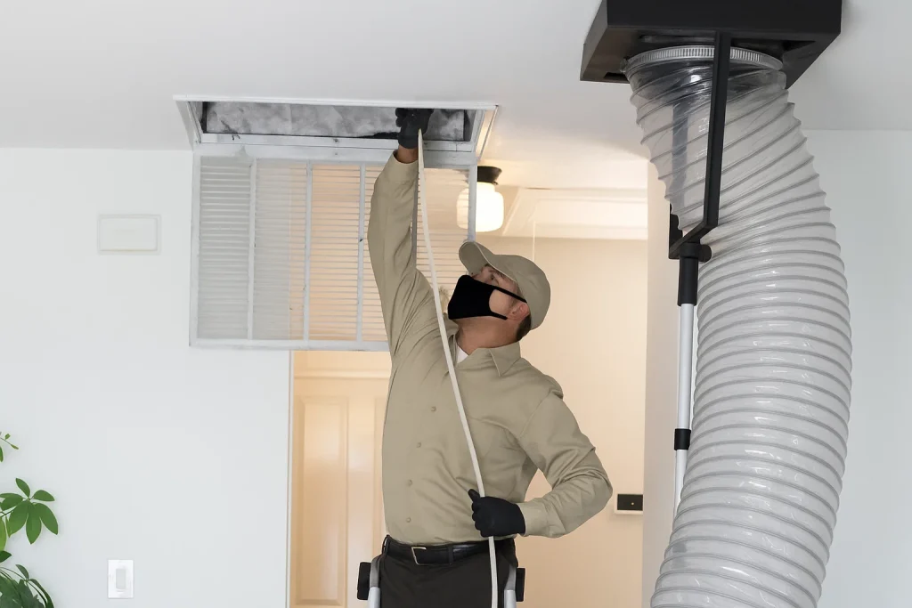 An HVAC technician cleaning the heating decks