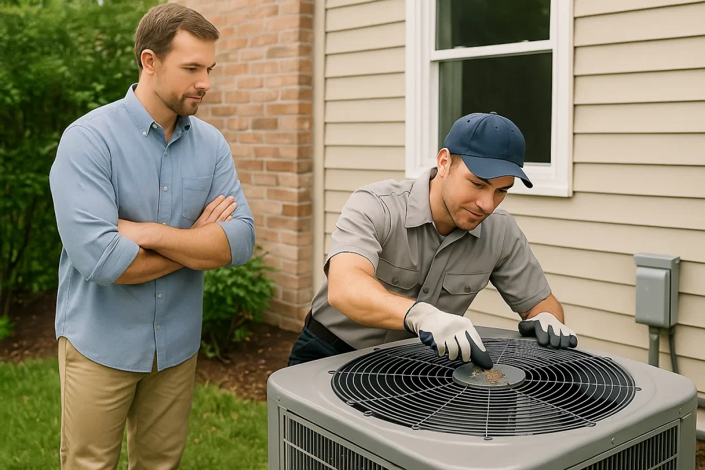 Technician conducting seasonal tune-up on outdoor AC unit under homeowner supervision