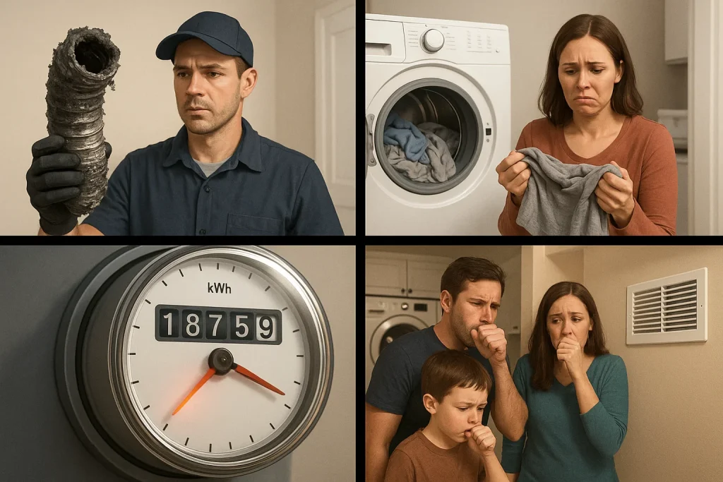 Four-panel image showing dangers of neglected dryer vents including fire, inefficiency, energy waste, and bad air quality