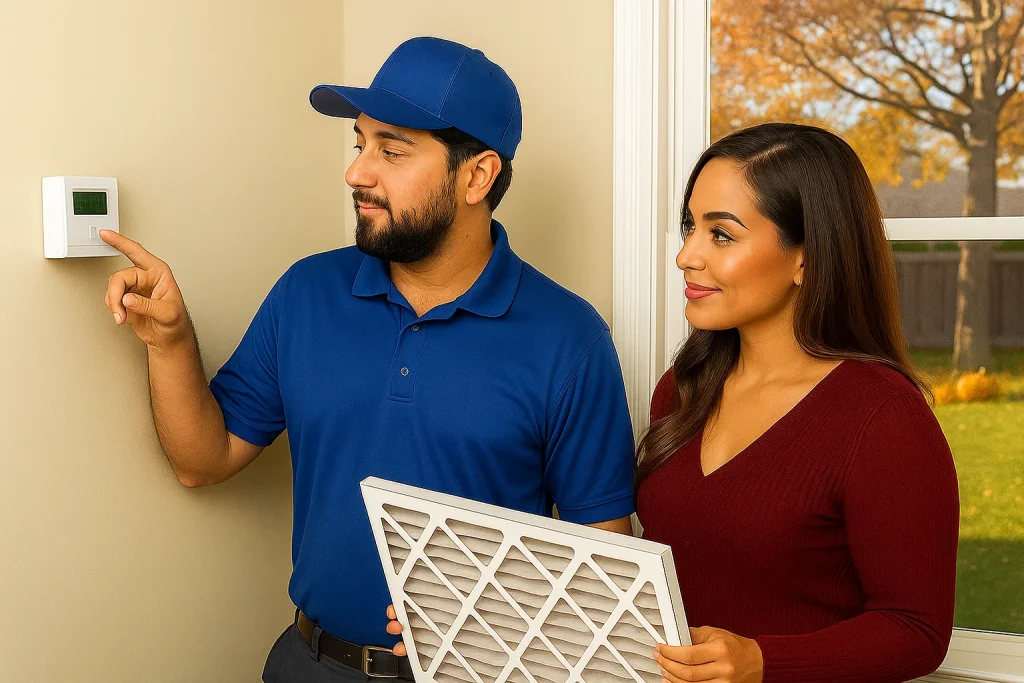 Technician and homeowner review filter reminder before fall A/C tune-up