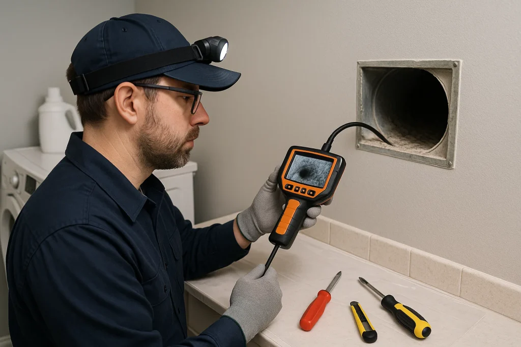 technician using inspection camera to check inside dusty air duct in laundry room