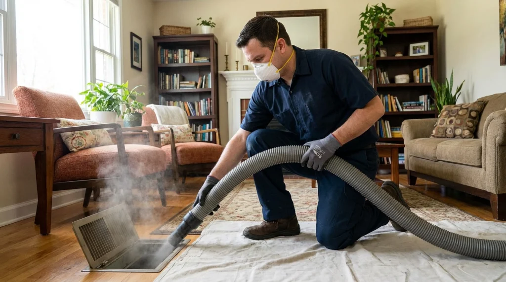 Technician performing duct cleaning in a residential home using a vacuum hose.