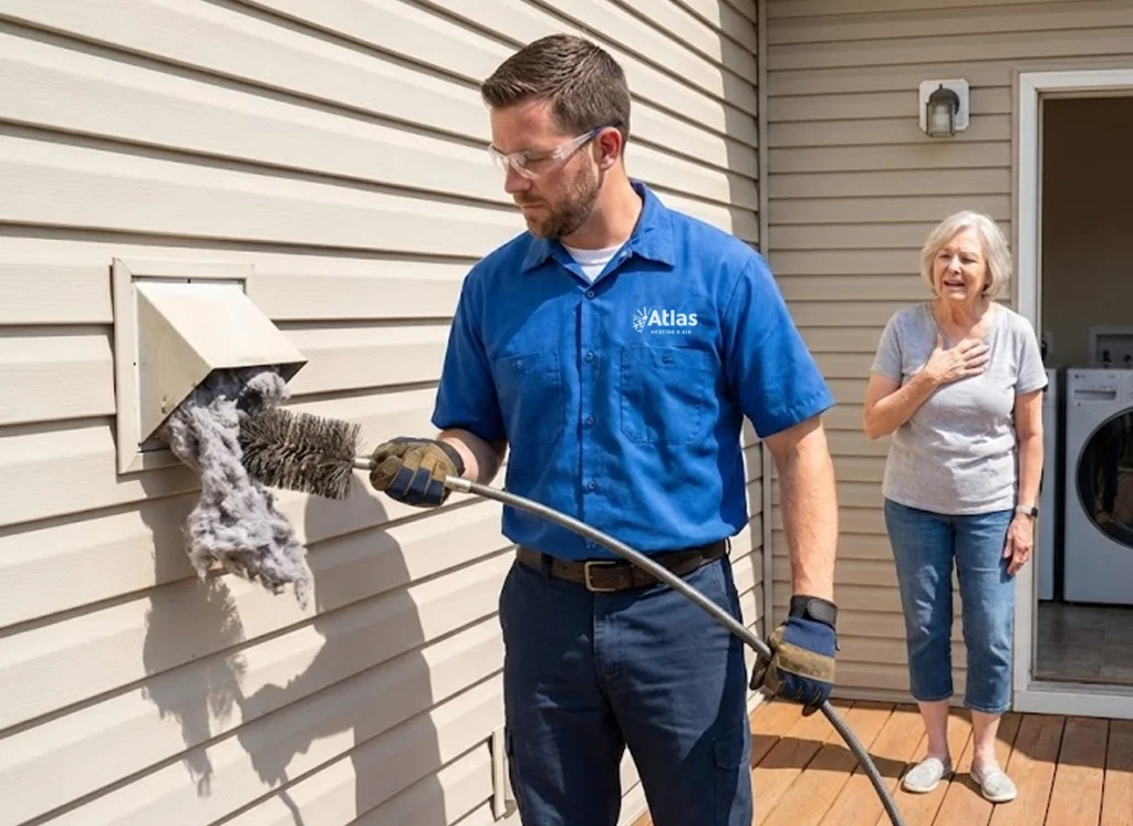 HVAC technician cleaning dryer vent with specialized tools outside home for fire prevention