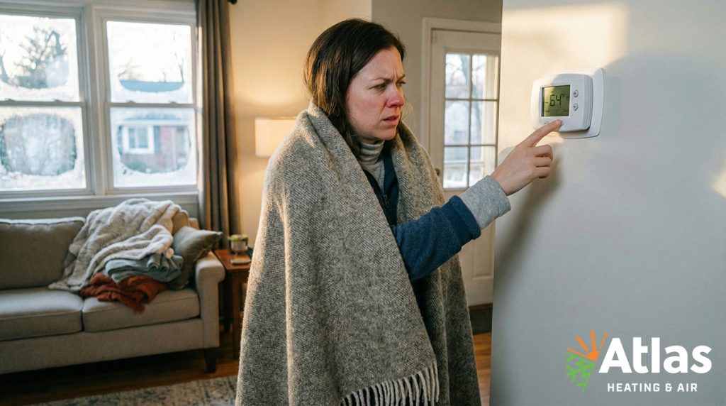 A concerned woman in a blanket checking the temperature of her thermostat