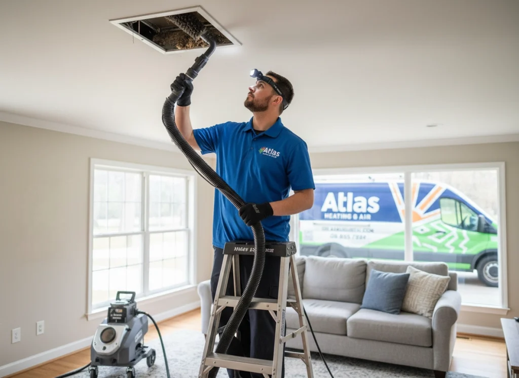 An HVAC technician vacuuming, the dust out of a heating vent