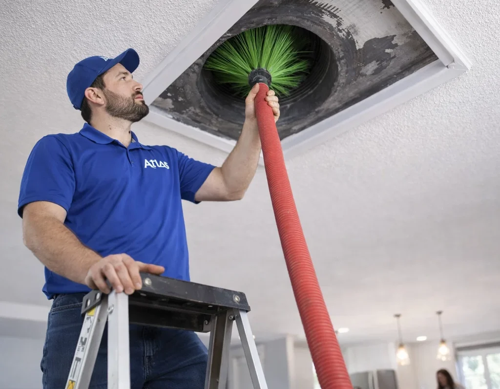 An atlas HVAC technician cleaning a heating vent in the ceiling