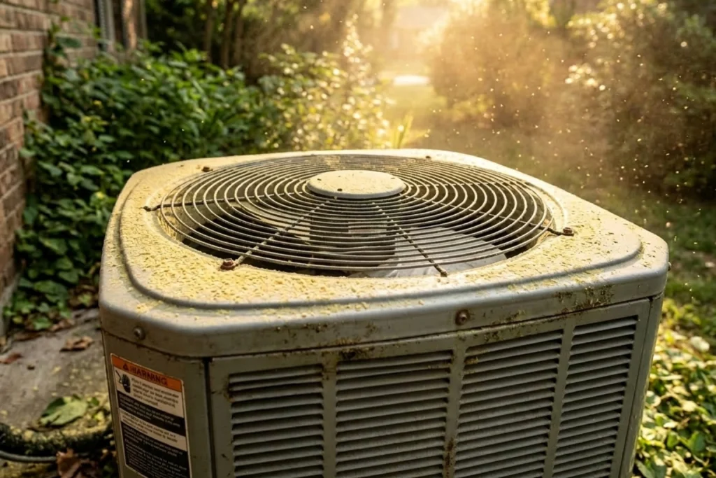 Close up of a pollen covered AC unit.