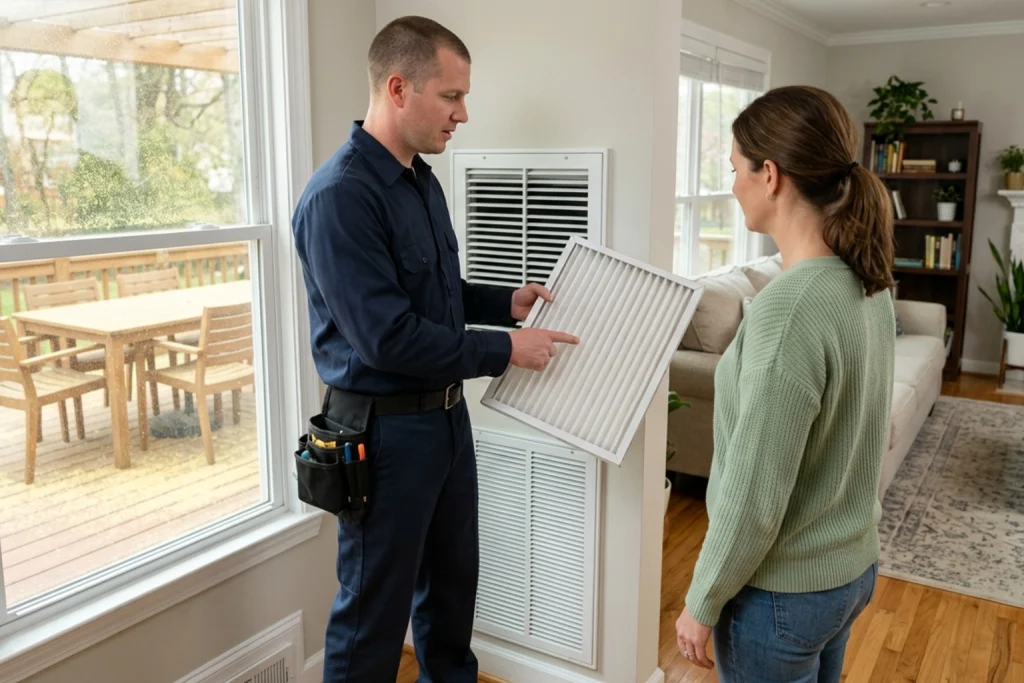 Augusta homeowner learning how HVAC filtration reduces pollen
