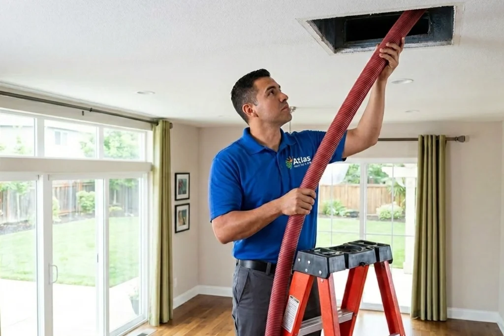 HVAC technician using rotary brush and vacuum for duct cleaning