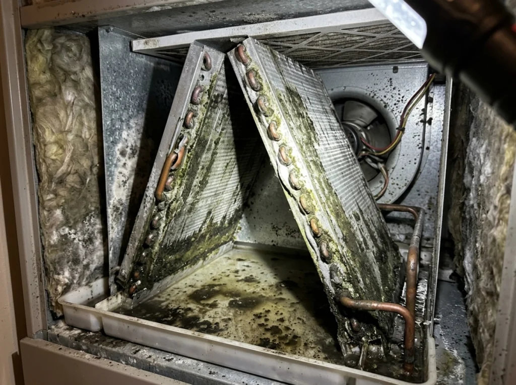 Mold growth on the inside of a HVAC unit.