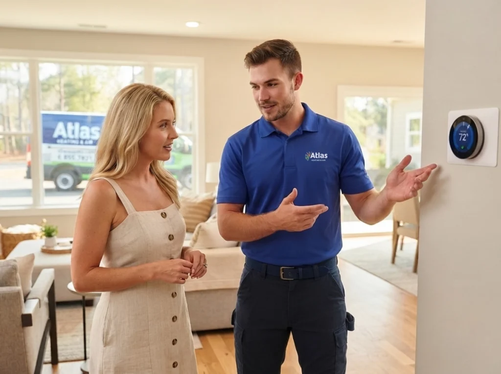 An HVAC technician explaining how to adjust a thermostat for the summer.
