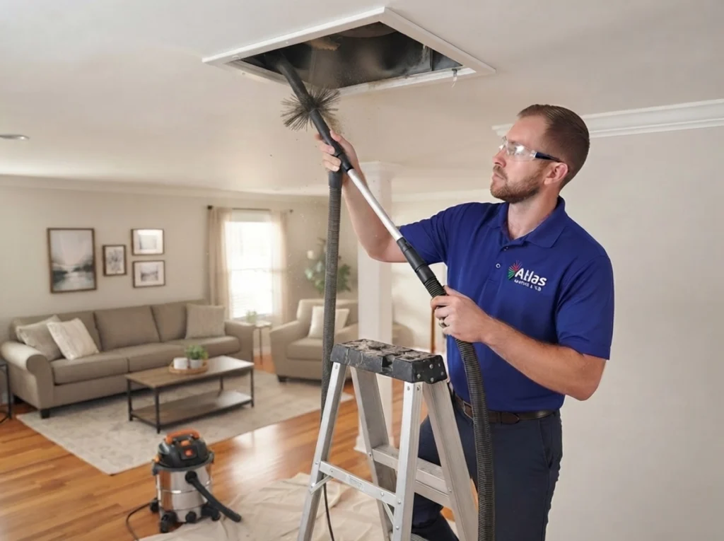 An Atlas HVAC tech cleaning ductwork in a home.