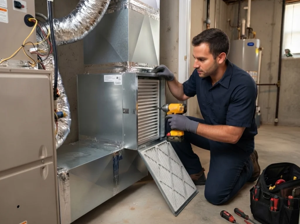 HVAC technician installing a whole-home air purifier in an Augusta home