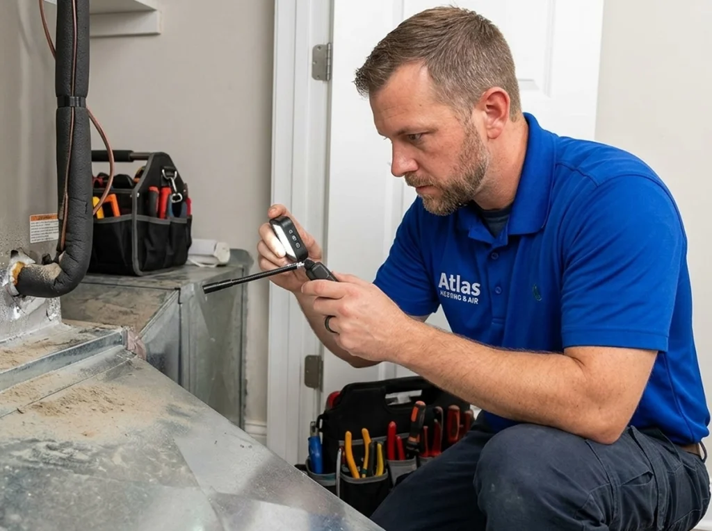 HVAC technician inspecting ductwork after humid Augusta summer