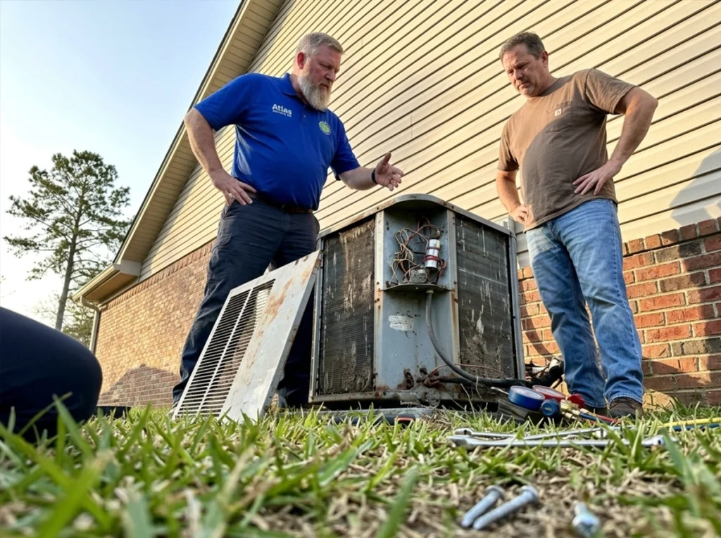 Homeowner and an HVAC technician discussing replacing an AC condenser unit in Augusta Georgia.